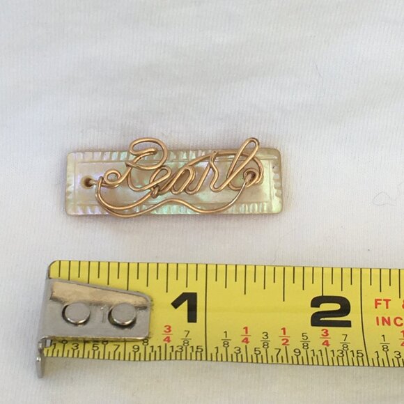 Antique Rectangular Mother of Pearl Pin Front w/Gold Wire Script Name "Pearl" - Picture 2 of 3